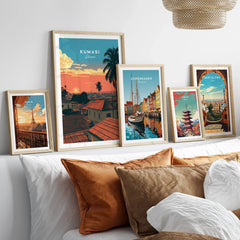 Kumasi Ghana Sunset Travel Poster — set five framed artprints above bed natural wood frames