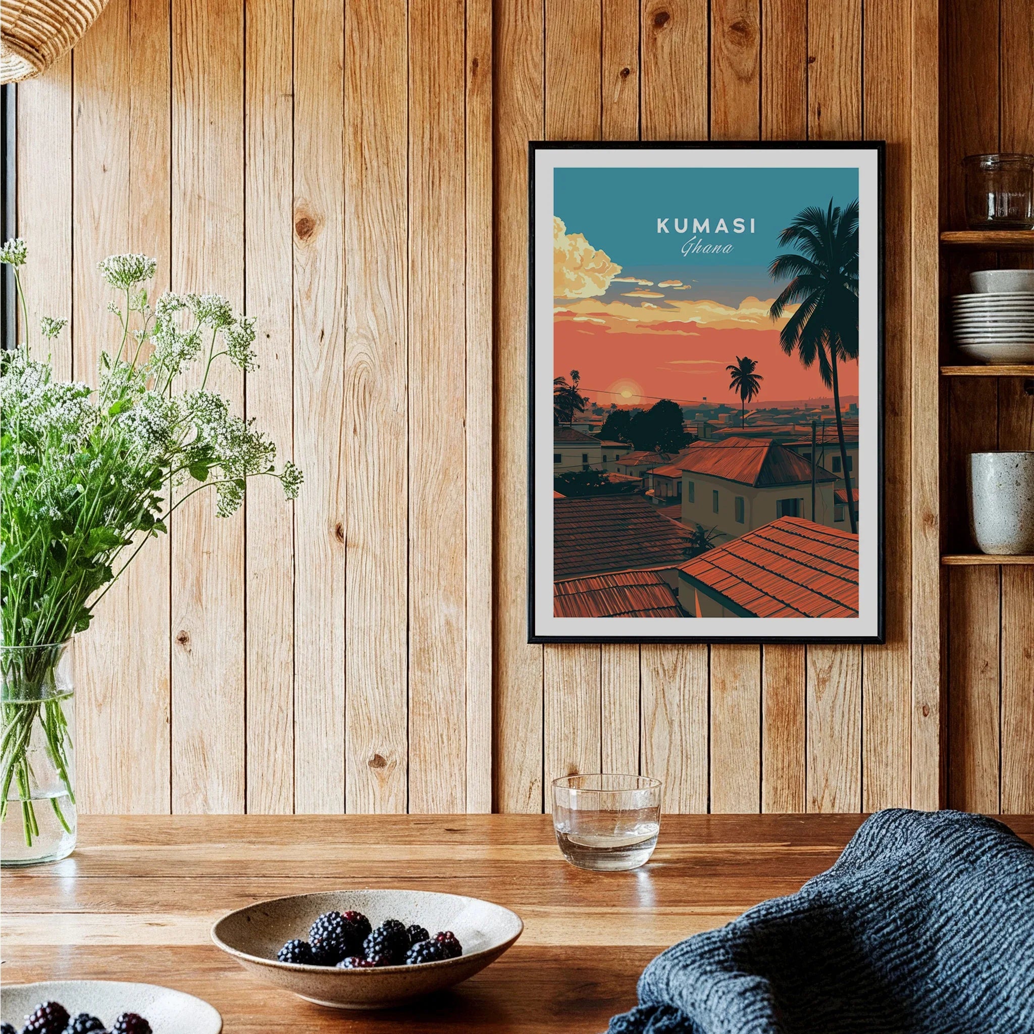 Kumasi Ghana Sunset Travel Poster — black framed art print kitchen setting