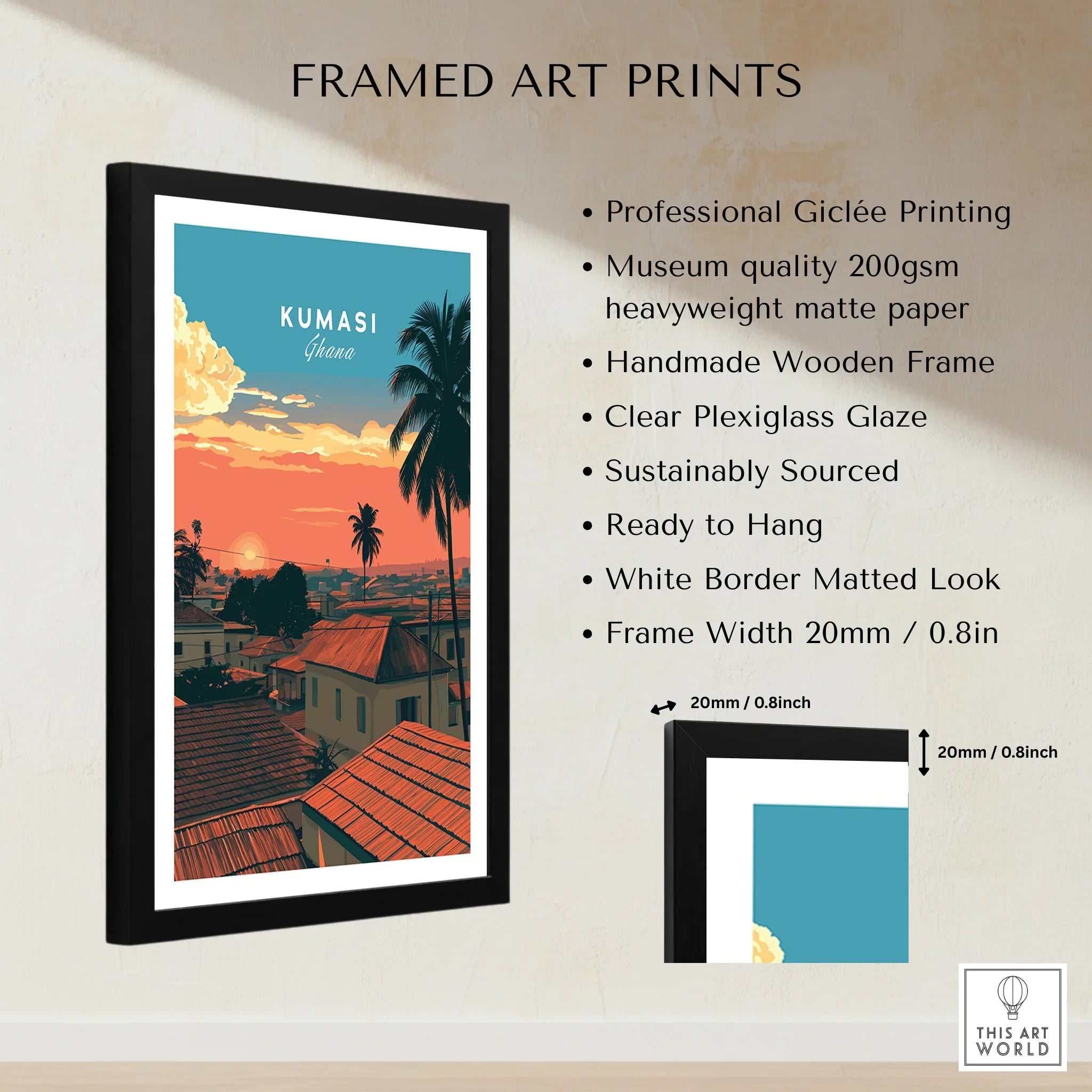 Kumasi Ghana Sunset Travel Poster — framed print details measurements quality details