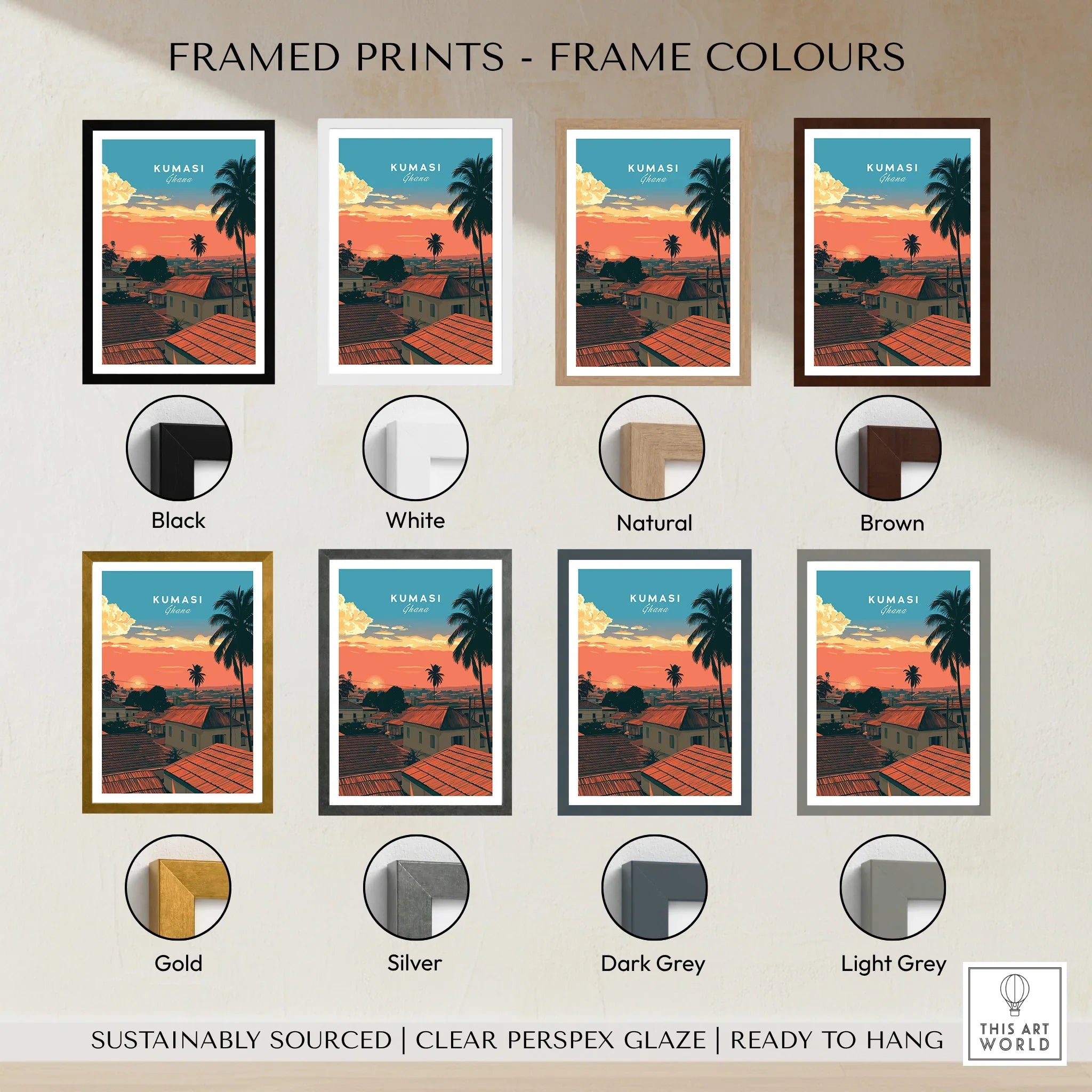 Kumasi Ghana Sunset Travel Poster — framed print colour options