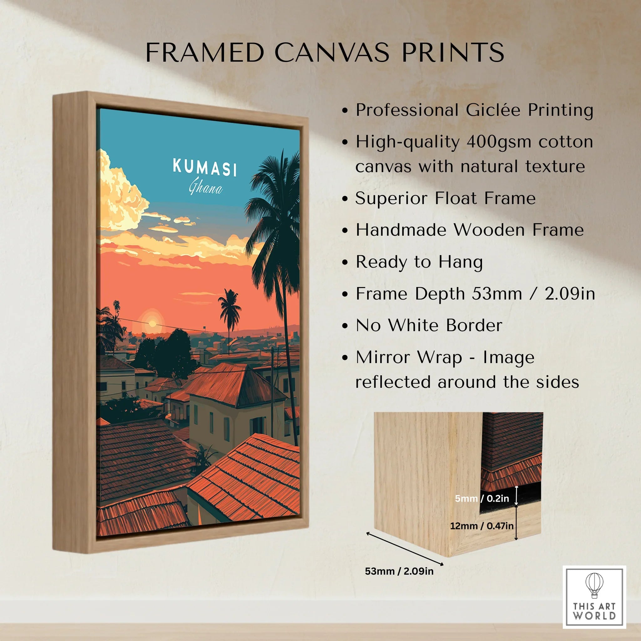 Kumasi Ghana Sunset Travel Poster — framed canvas float frame details quality
