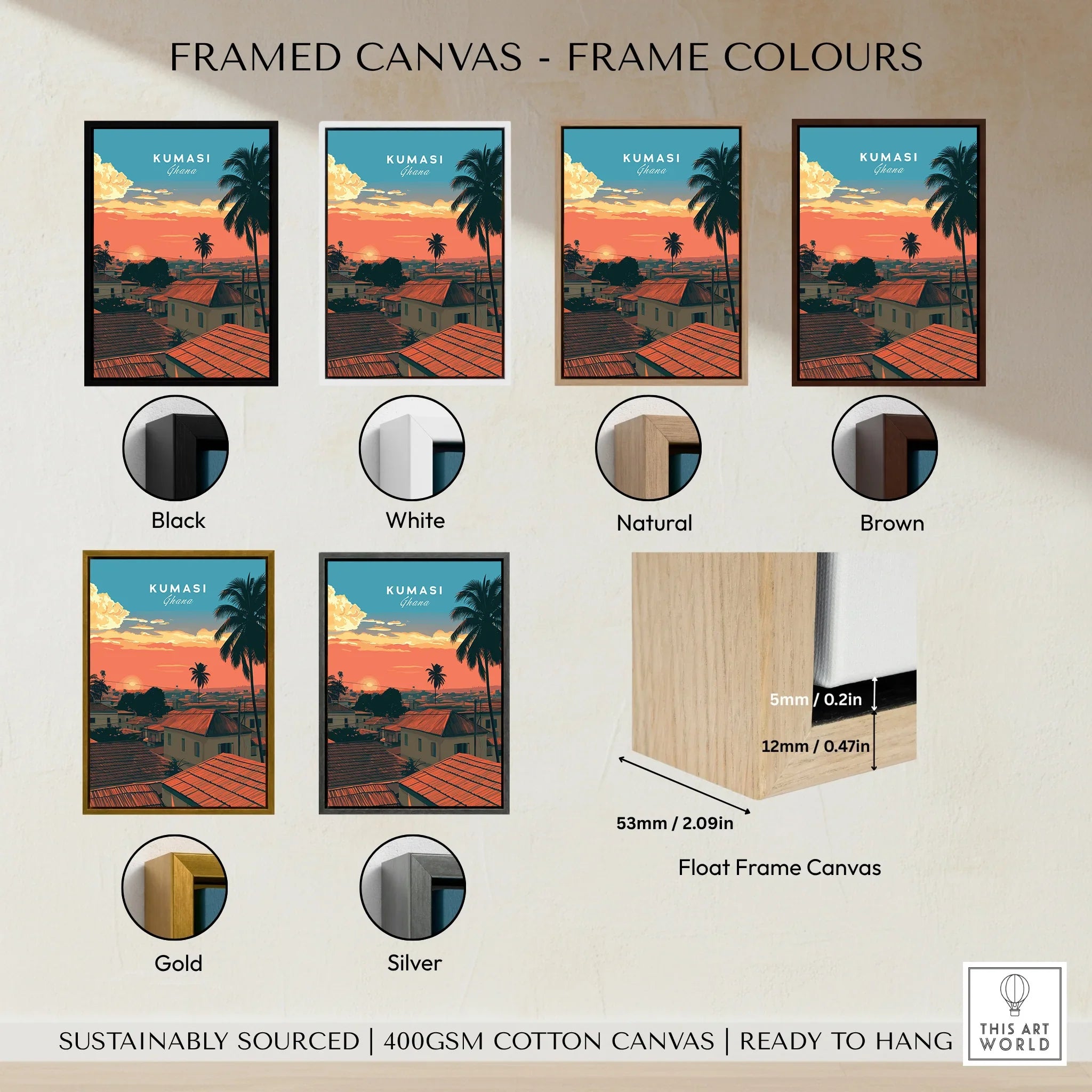 Kumasi Ghana Sunset Travel Poster — framed canvas float frame colour options