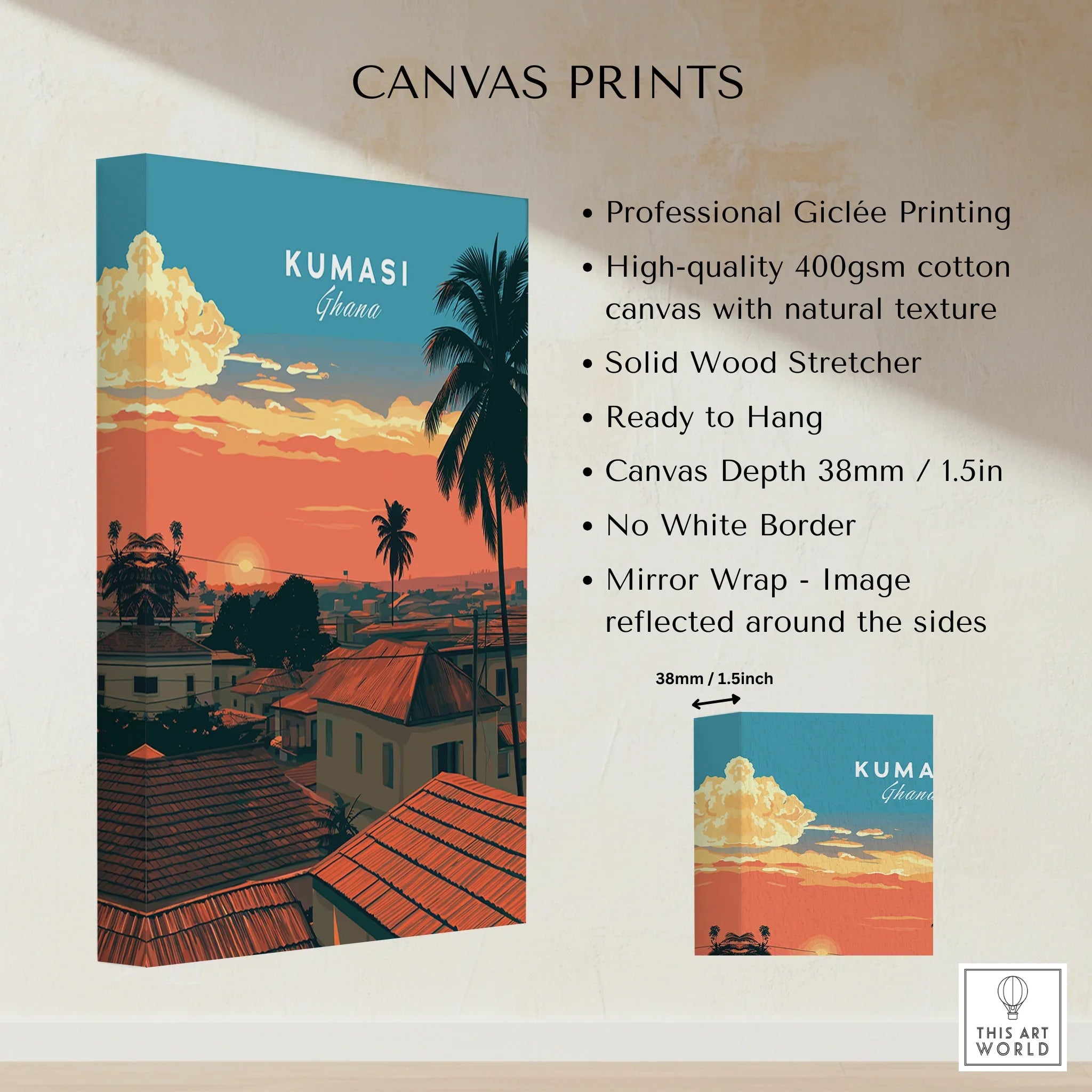 Kumasi Ghana Sunset Travel Poster — canvas print stretched cotton canvas details