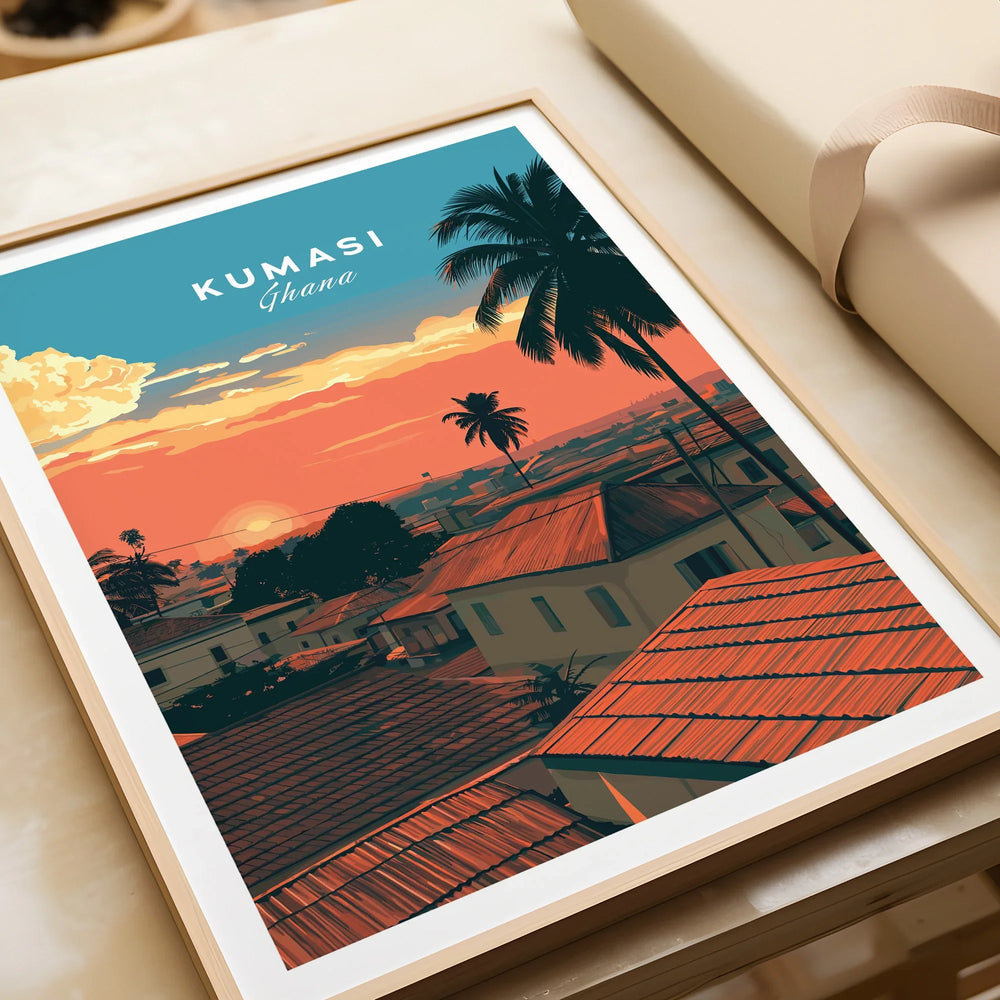 Kumasi Ghana Sunset Travel Poster — framed art print closeup gift unwrapped natural frame