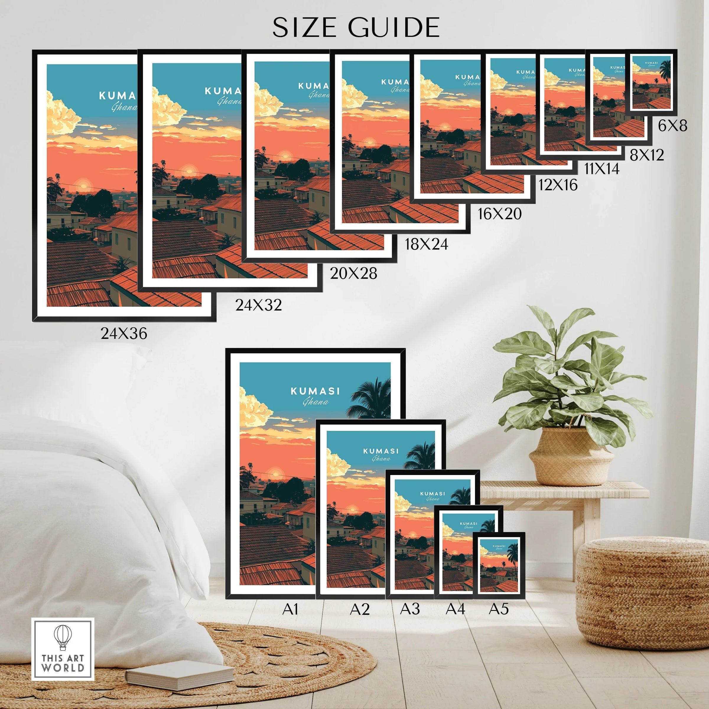 Kumasi Ghana Sunset Travel Poster — wall art poster size guide thisartworld