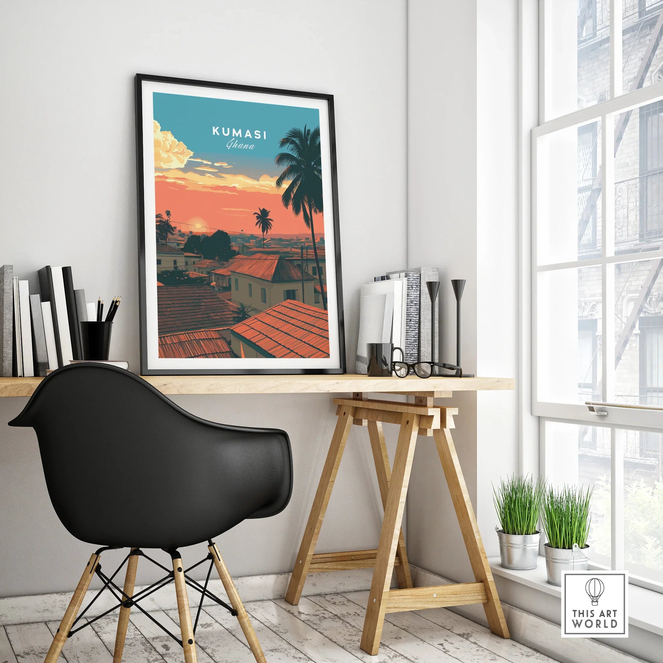Kumasi Ghana Sunset Travel Poster — framed poster black frame on office desk modern