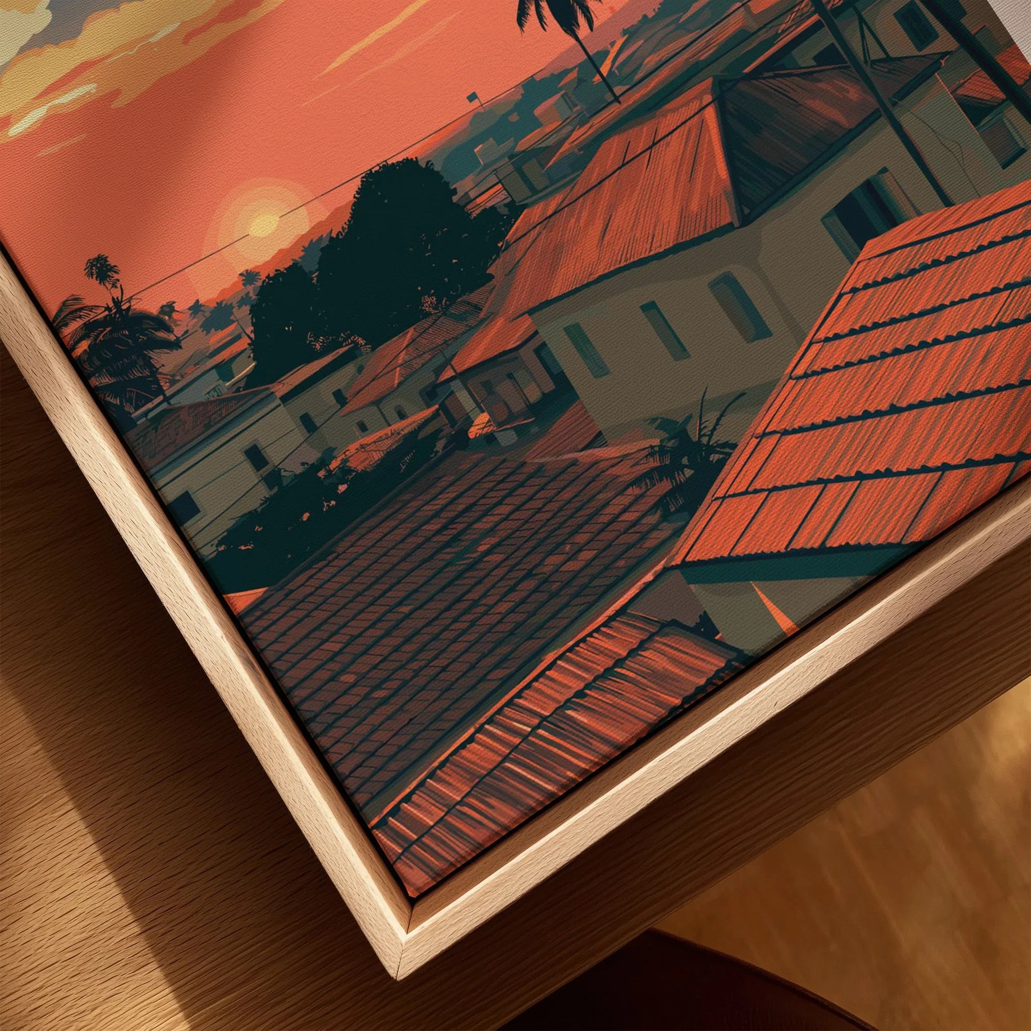 Kumasi Ghana Sunset Travel Poster — closeup framed canvas natural wood floating frame