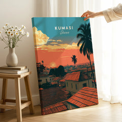 Kumasi Ghana Sunset Travel Poster — canvas print mirror edge hand holding room setting