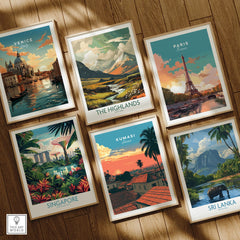 Kumasi Ghana Sunset Travel Poster — set six framed art prints wooden floor natural wood frames