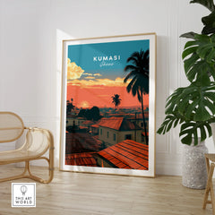 Kumasi Ghana Sunset Travel Poster — large framed print room setting chair plant
