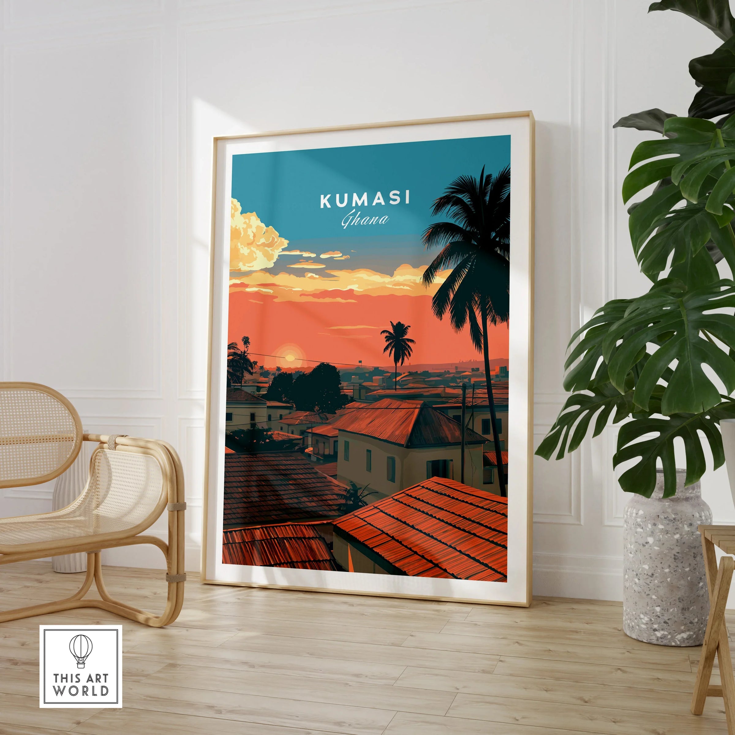 Kumasi Ghana Sunset Travel Poster — large framed print room setting chair plant