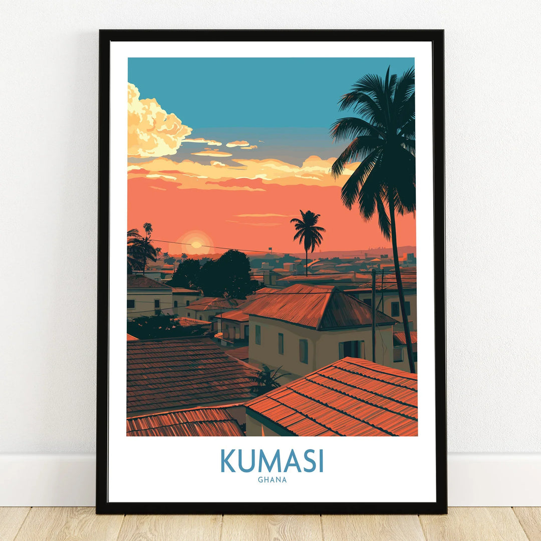 Kumasi Ghana Rooftop Sunset Wall Art — art print in black frame on wooden floor