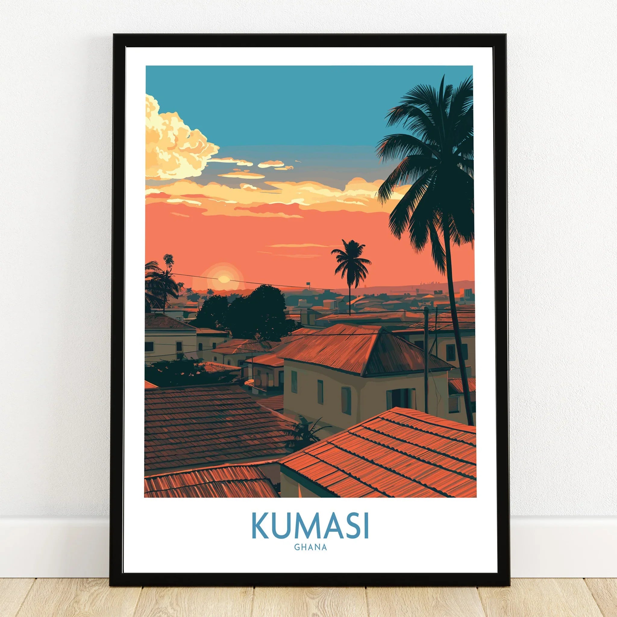 Kumasi Ghana Rooftop Sunset Wall Art — art print in black frame on wooden floor