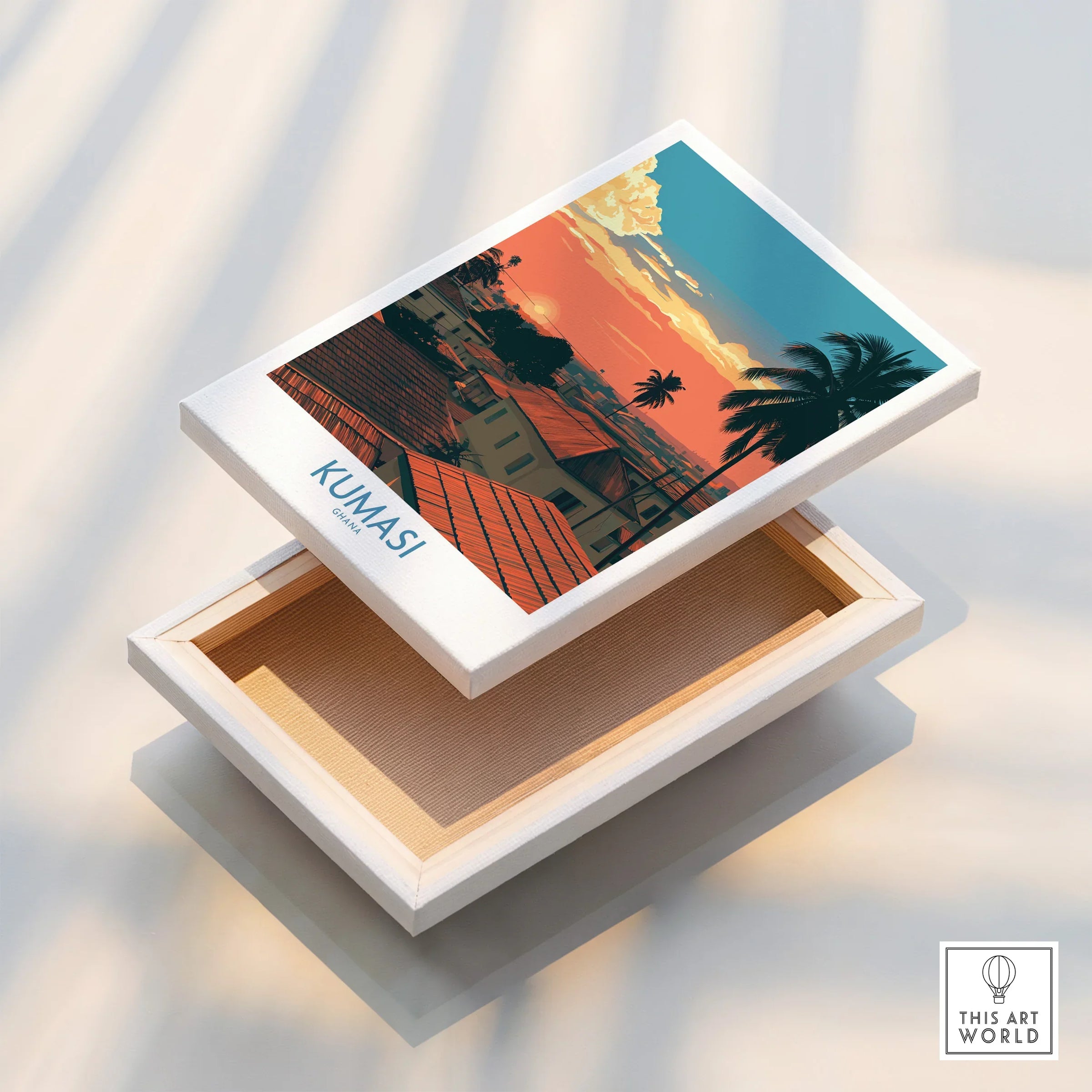 Kumasi Ghana Rooftop Sunset Wall Art — stretched canvas print floating detail mirror edge