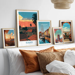 Kumasi Ghana Rooftop Sunset Wall Art — set five framed artprints above bed natural wood frames