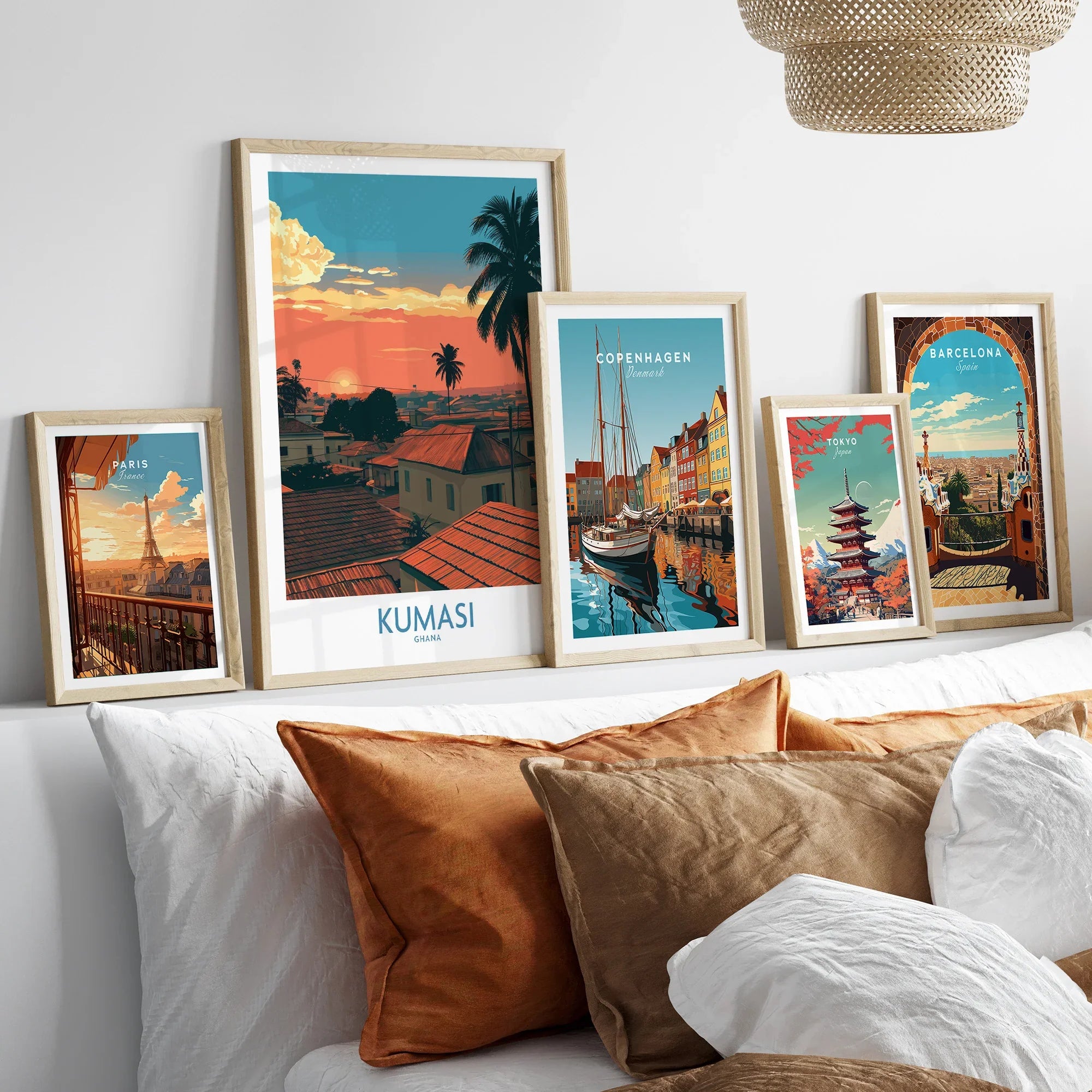 Kumasi Ghana Rooftop Sunset Wall Art — set five framed artprints above bed natural wood frames