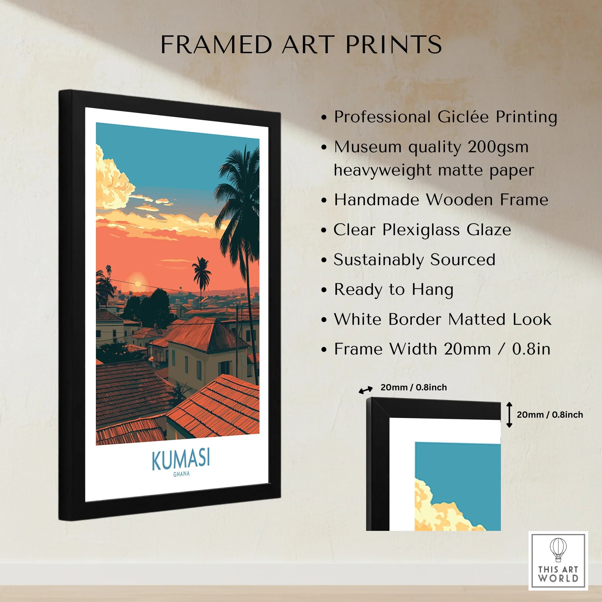 Kumasi Ghana Rooftop Sunset Wall Art — framed print details measurements quality details