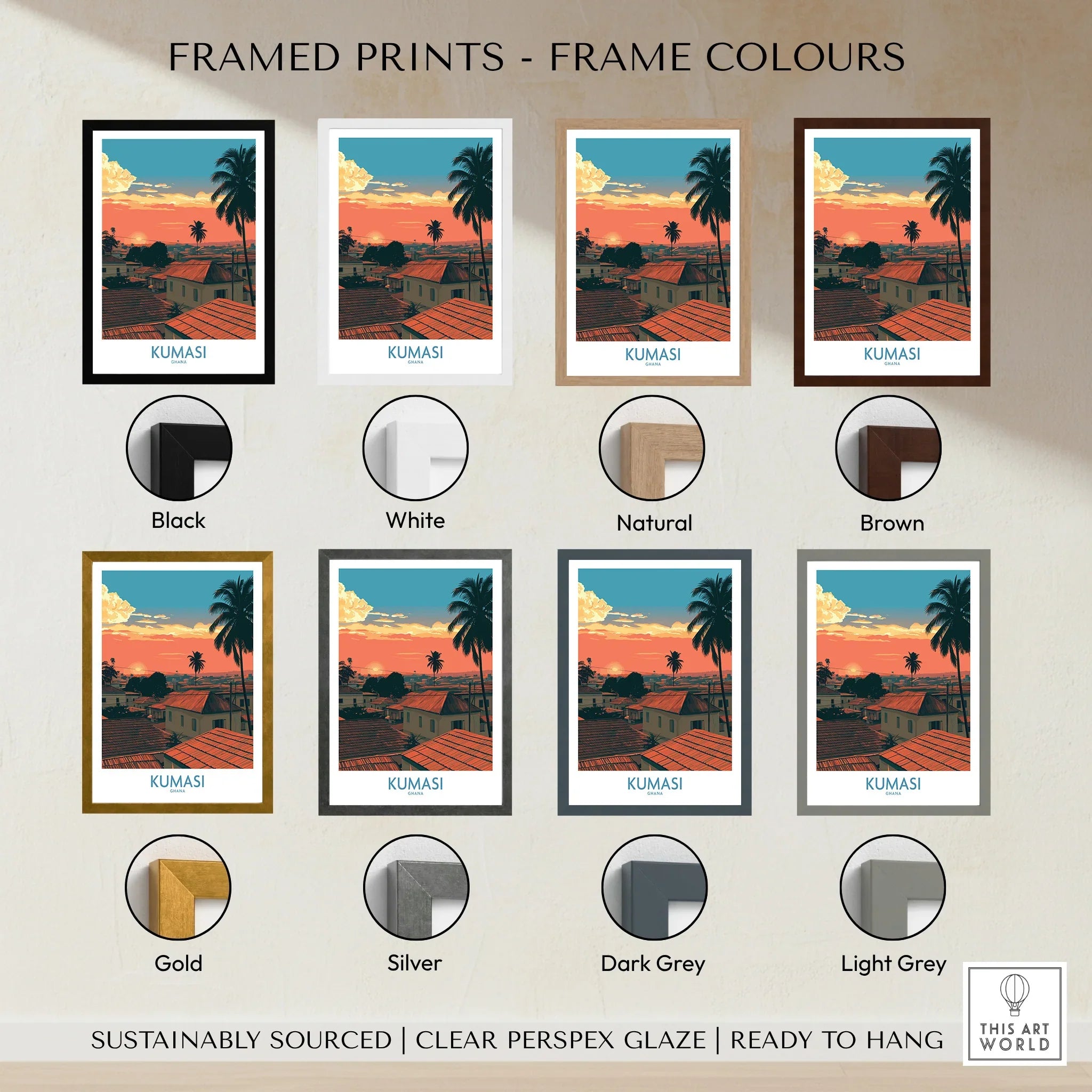 Kumasi Ghana Rooftop Sunset Wall Art — framed print colour options