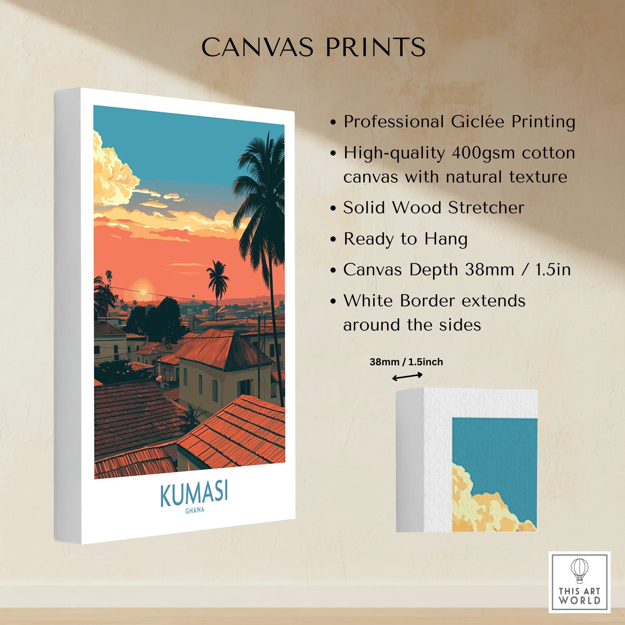 Kumasi Ghana Rooftop Sunset Wall Art — canvas print stretched cotton canvas details