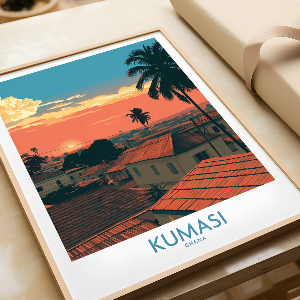 Kumasi Ghana Rooftop Sunset Wall Art — framed art print closeup gift unwrapped natural frame