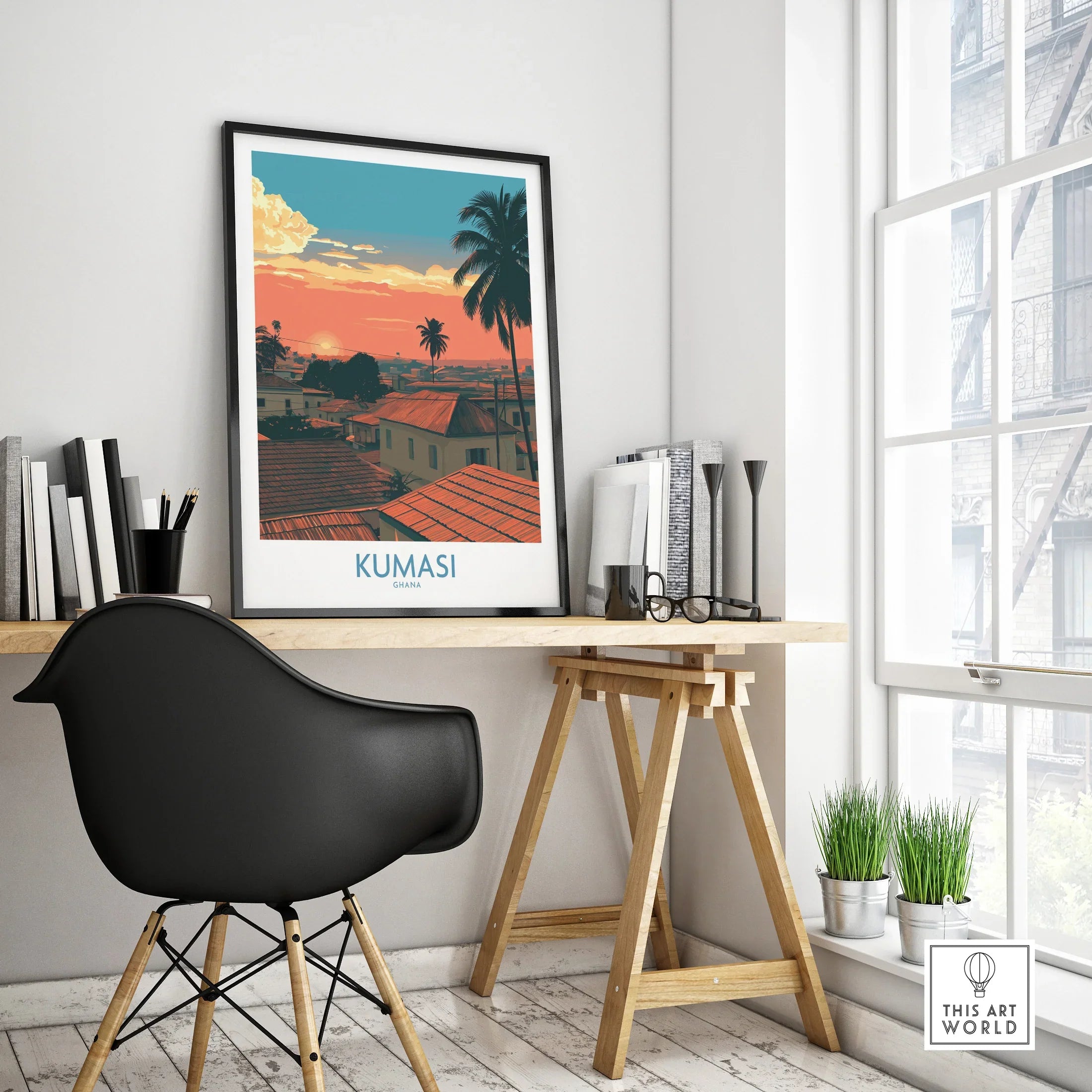 Kumasi Ghana Rooftop Sunset Wall Art — framed poster black frame on office desk modern