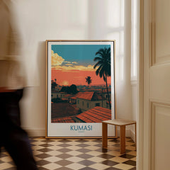 Kumasi Ghana Rooftop Sunset Wall Art — framed canvas on floor man walking past