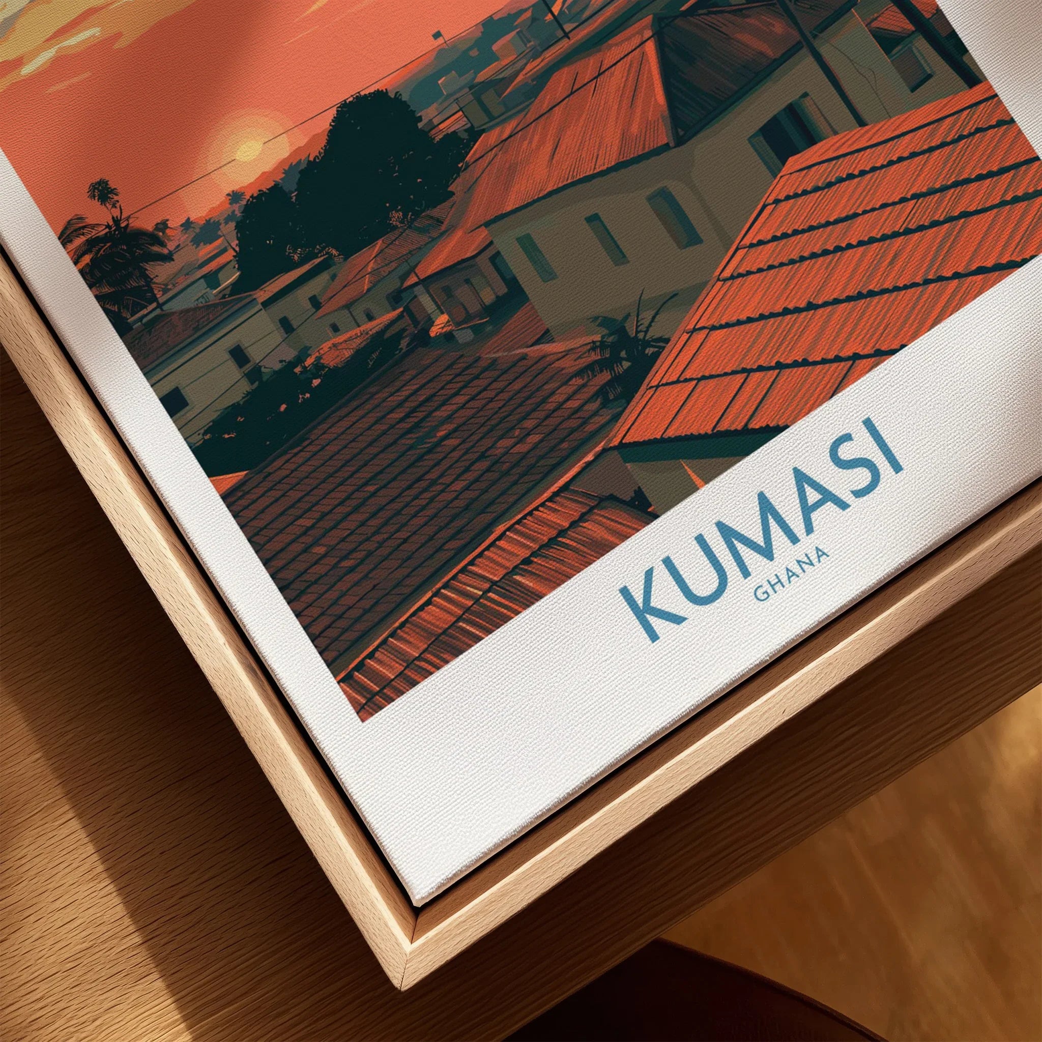 Kumasi Ghana Rooftop Sunset Wall Art — closeup framed canvas natural wood floating frame