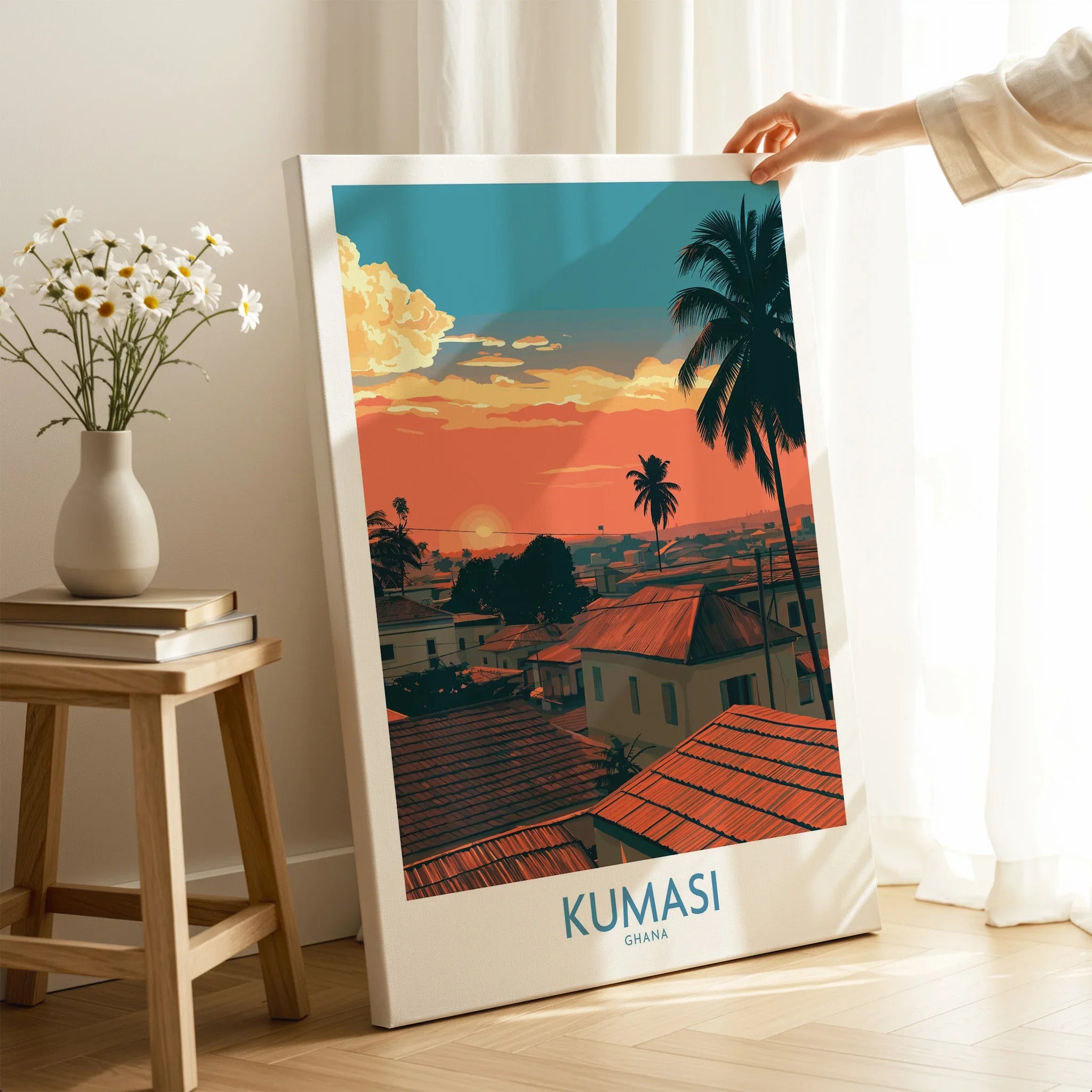 Kumasi Ghana Rooftop Sunset Wall Art — canvas print mirror edge hand holding room setting