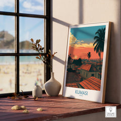 Kumasi Ghana Rooftop Sunset Wall Art — framed print window view natural wood frame
