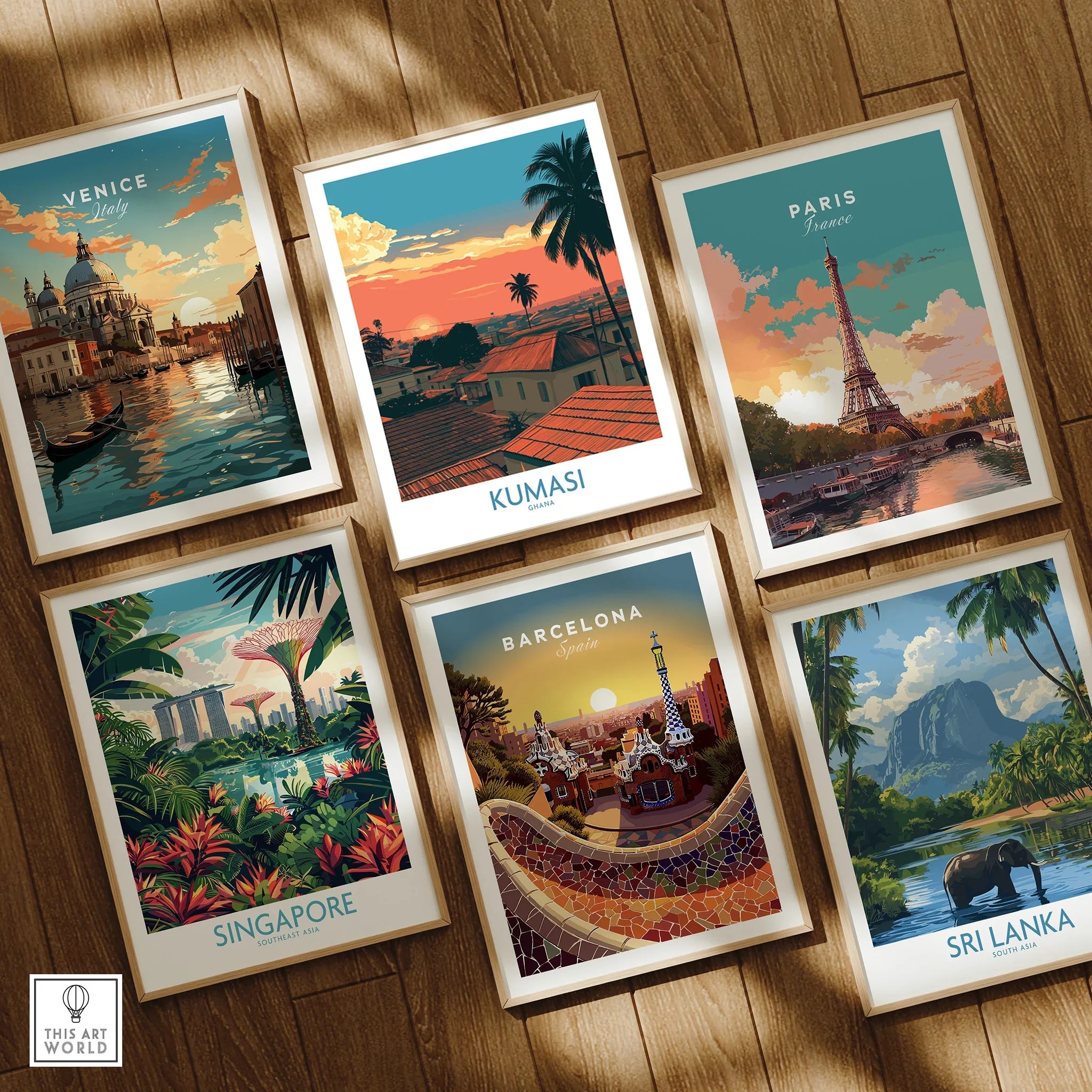 Kumasi Ghana Rooftop Sunset Wall Art — set six framed art prints wooden floor natural wood frames