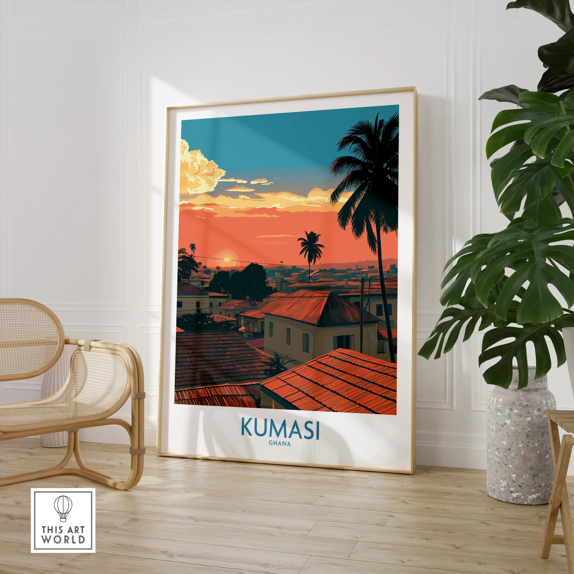 Kumasi Ghana Rooftop Sunset Wall Art — large framed print room setting chair plant