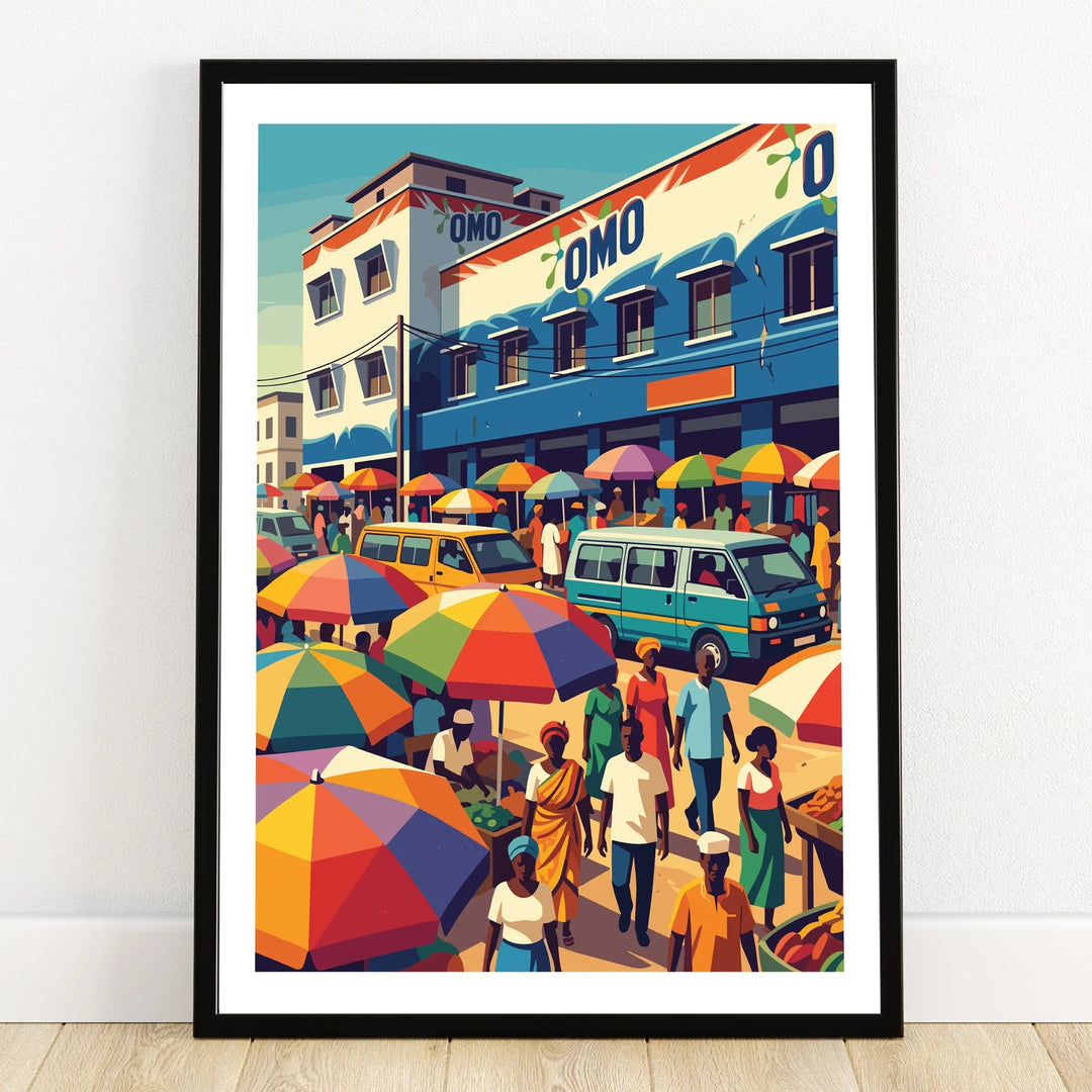 Kumasi Ghana Market Travel Poster — art print in black frame on wooden floor