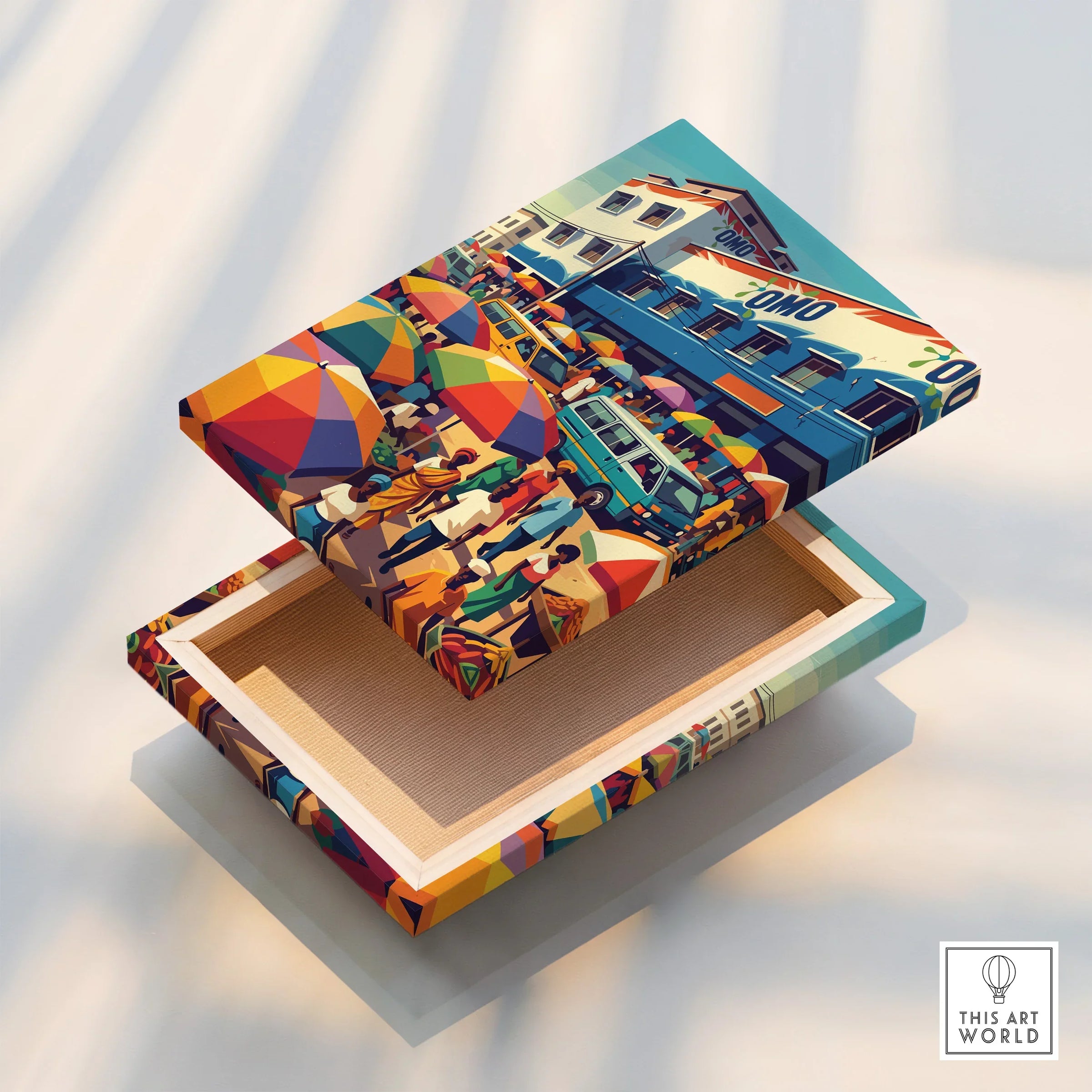 Kumasi Ghana Market Travel Poster — stretched canvas print floating detail mirror edge