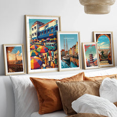 Kumasi Ghana Market Travel Poster — set five framed artprints above bed natural wood frames