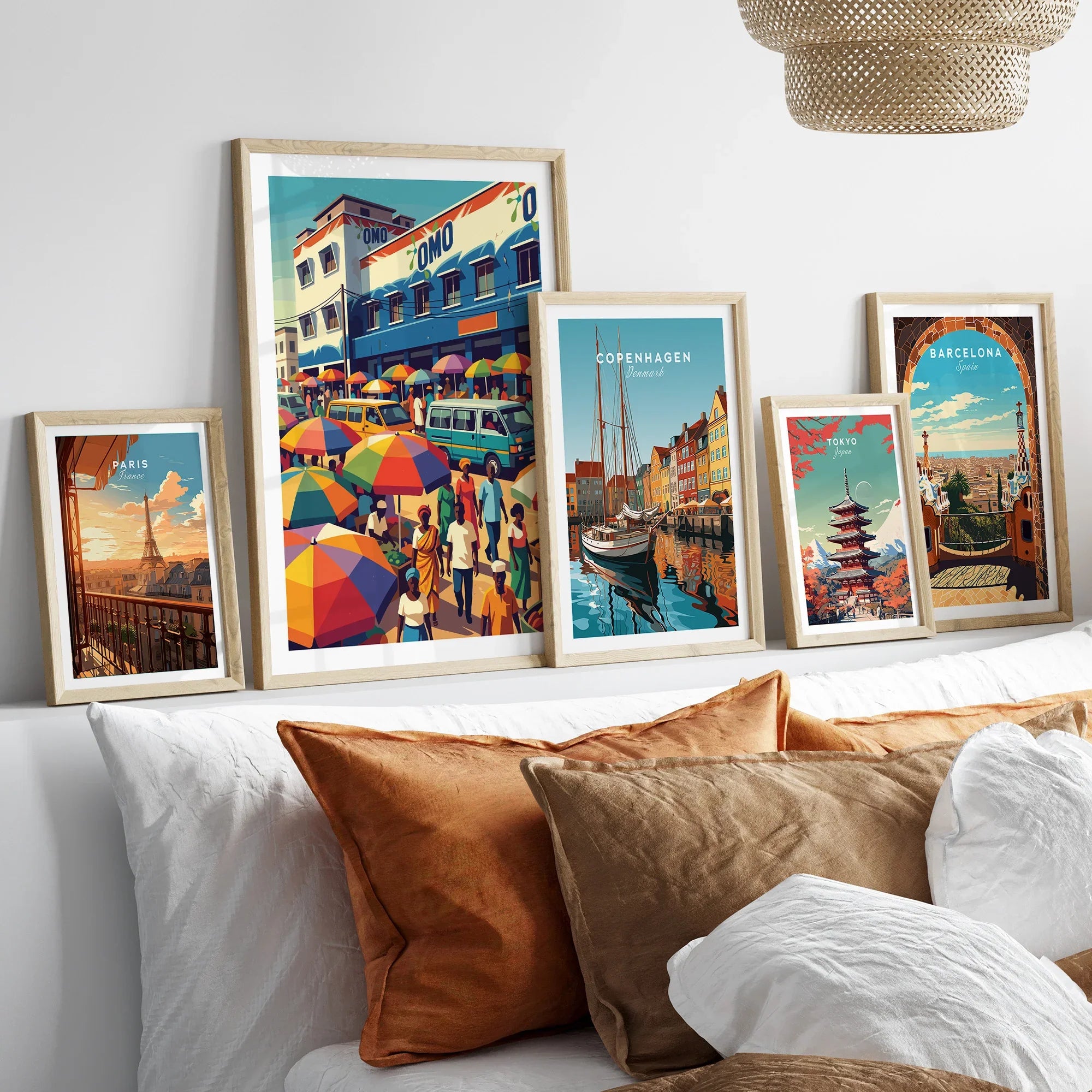 Kumasi Ghana Market Travel Poster — set five framed artprints above bed natural wood frames