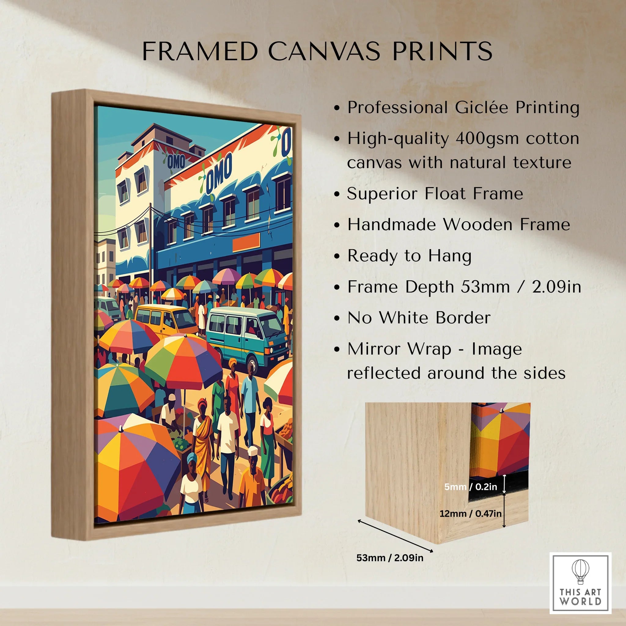 Kumasi Ghana Market Travel Poster — framed canvas float frame details quality