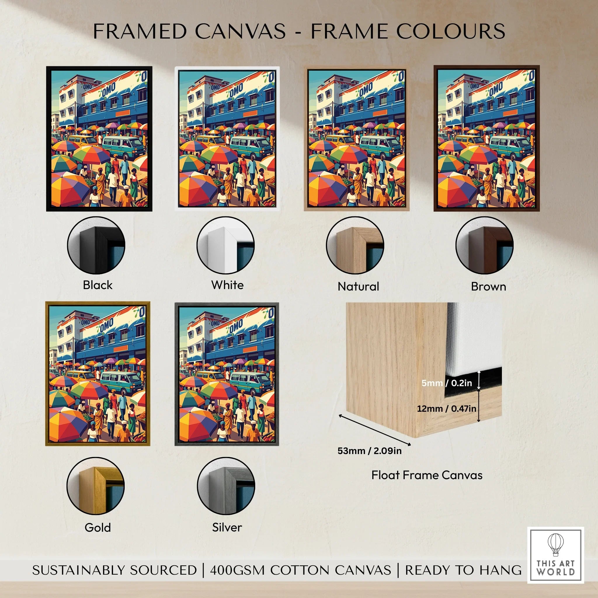 Kumasi Ghana Market Travel Poster — framed canvas float frame colour options
