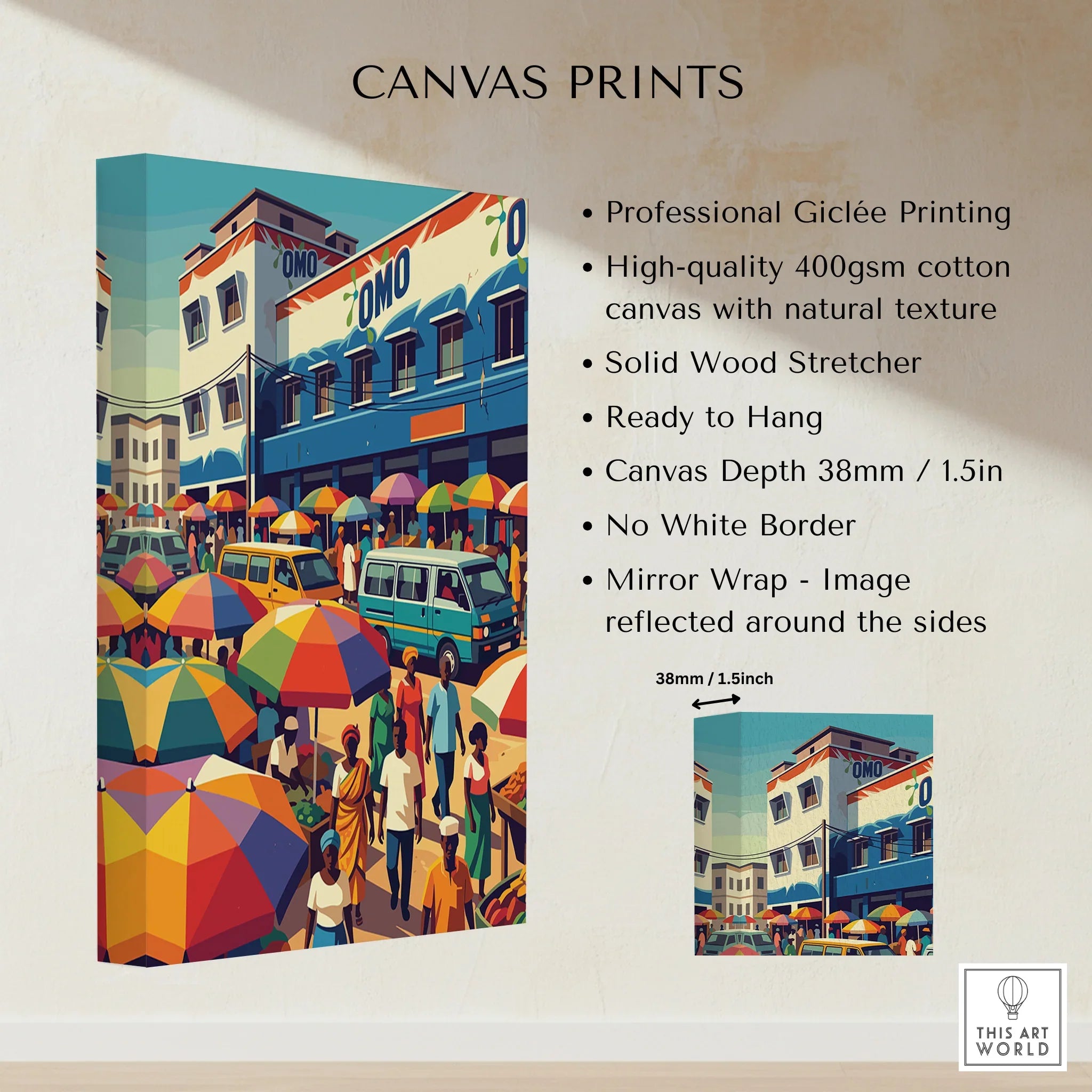 Kumasi Ghana Market Travel Poster — canvas print stretched cotton canvas details