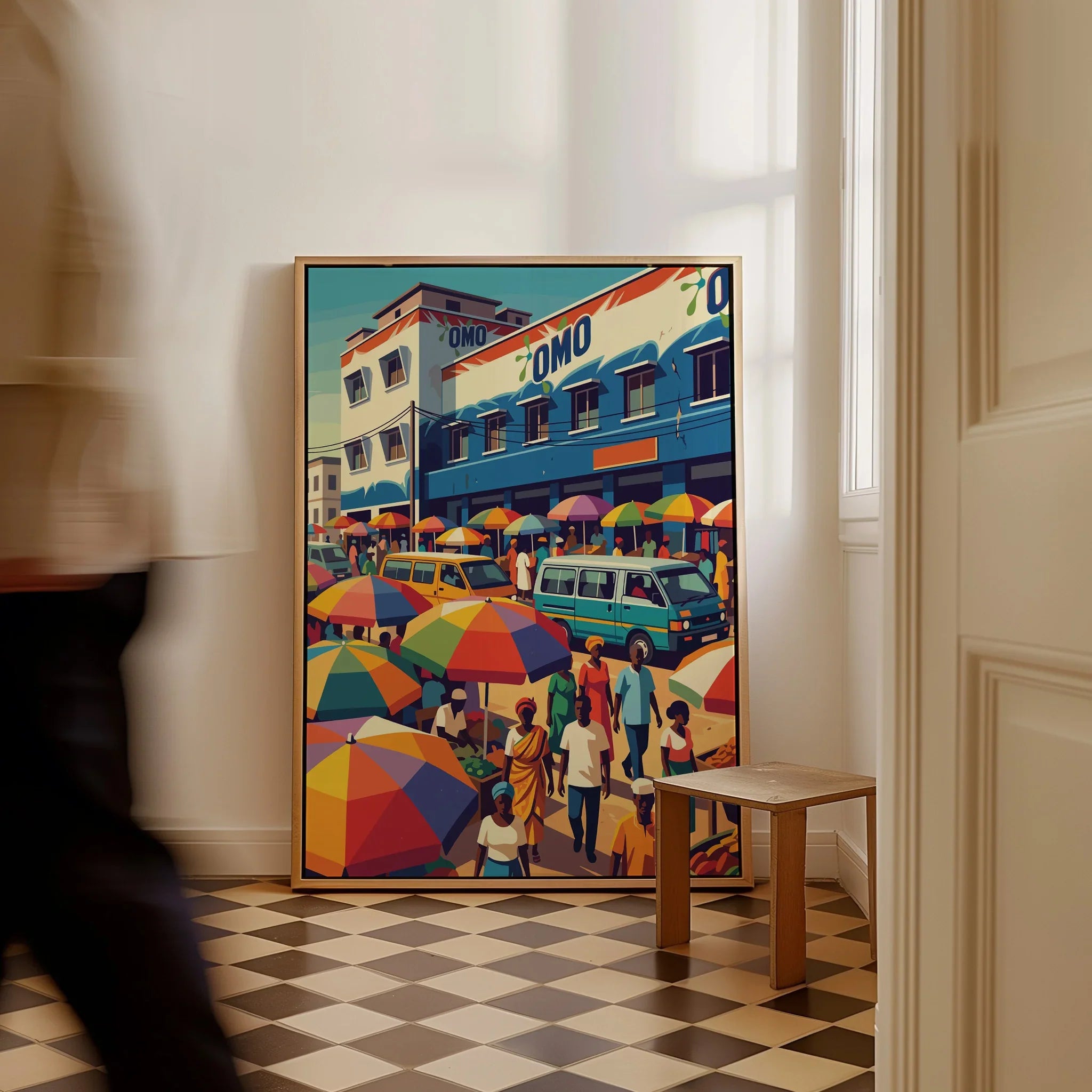 Kumasi Ghana Market Travel Poster — framed canvas on floor man walking past