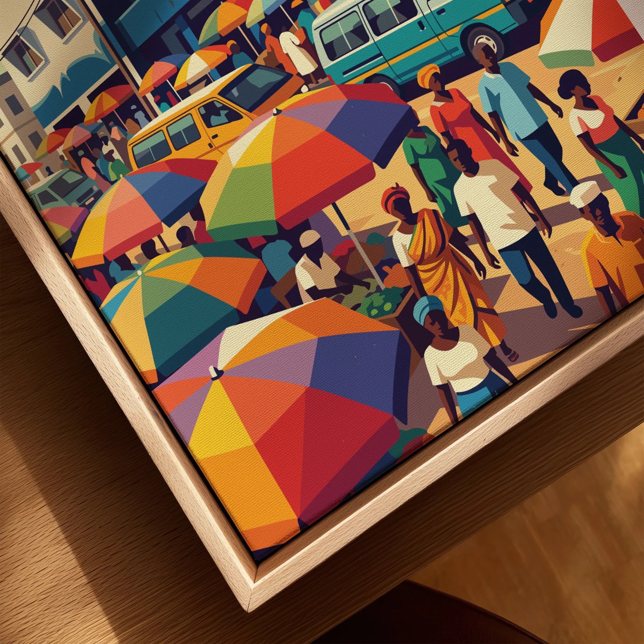Kumasi Ghana Market Travel Poster — closeup framed canvas natural wood floating frame