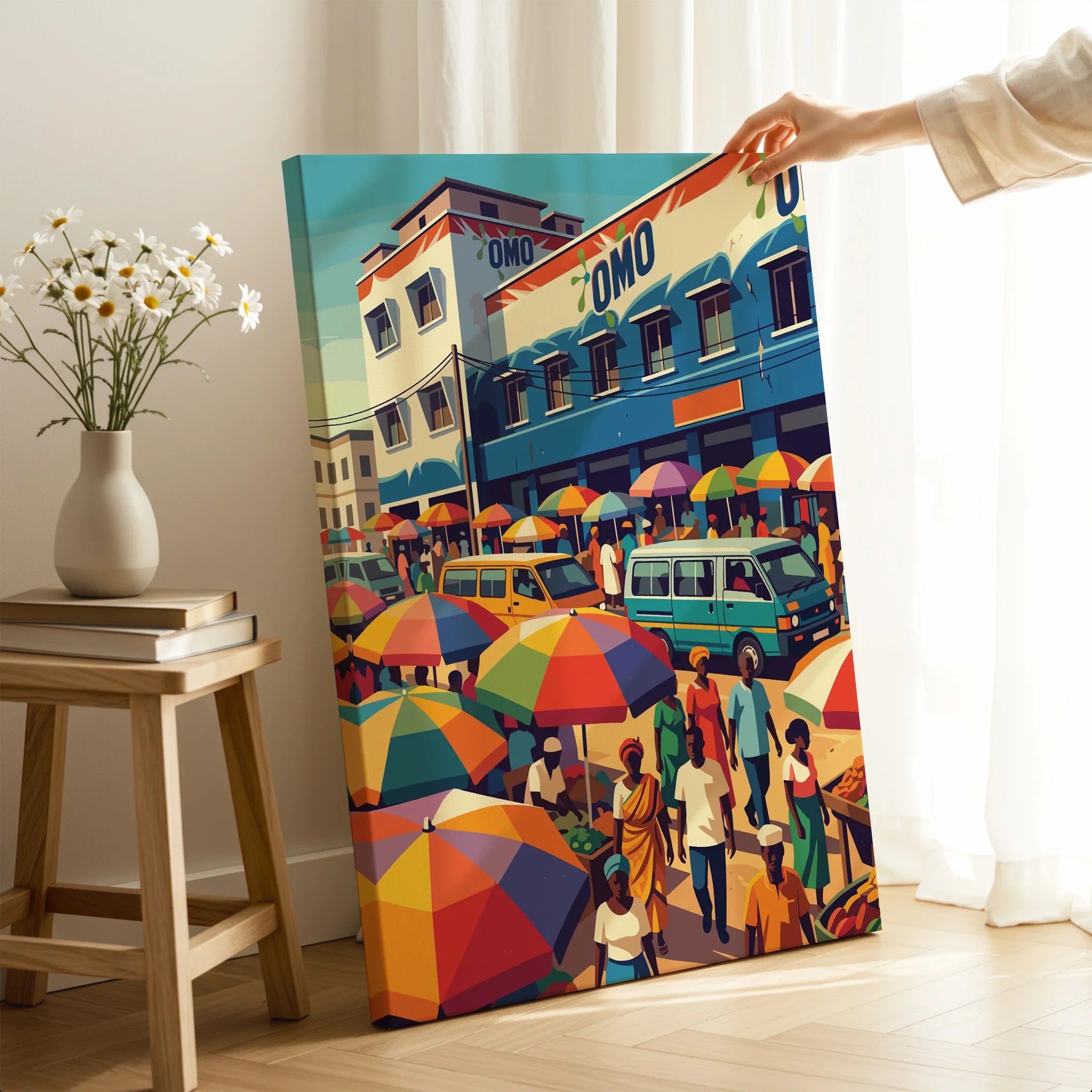 Kumasi Ghana Market Travel Poster — canvas print mirror edge hand holding room setting