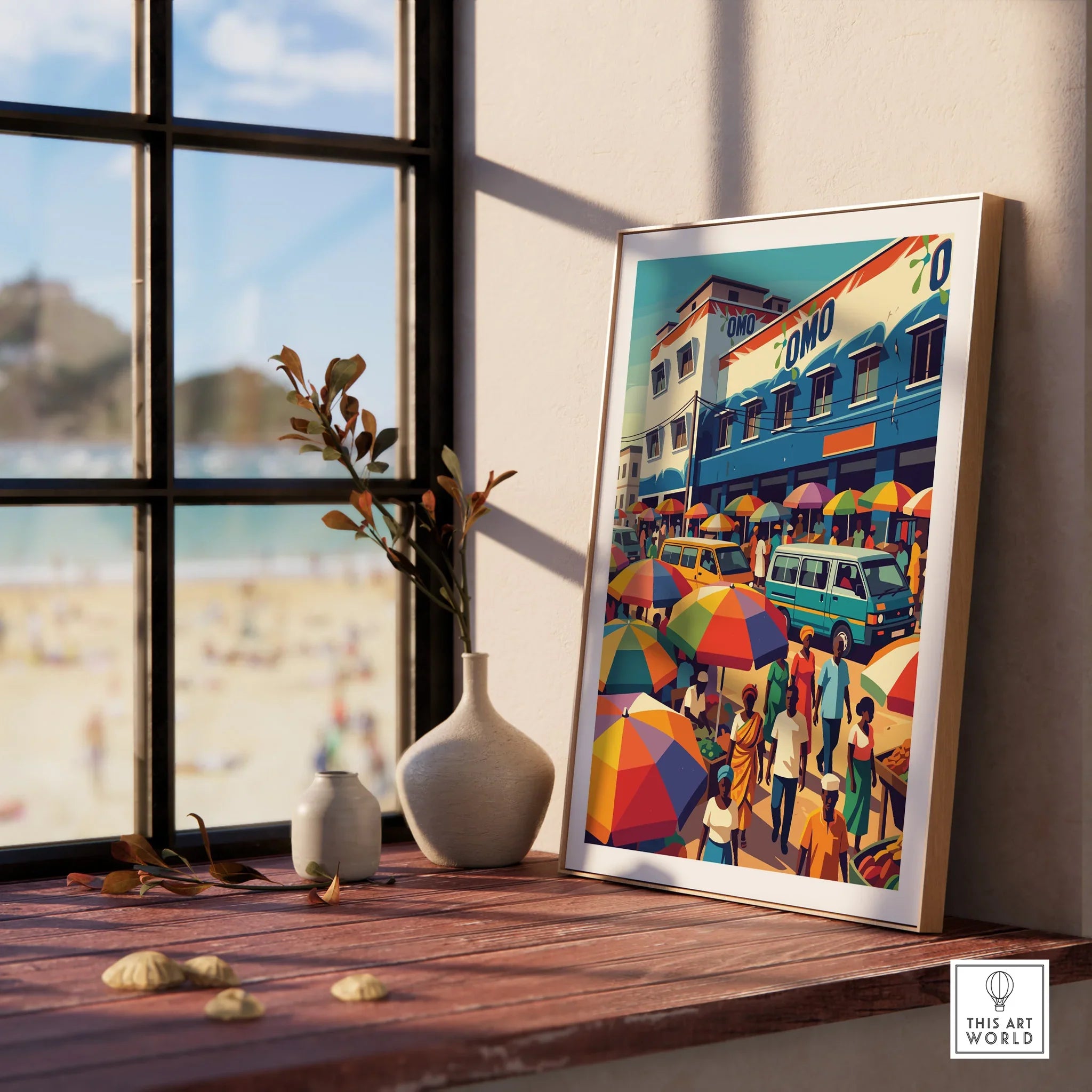 Kumasi Ghana Market Travel Poster — framed print window view natural wood frame