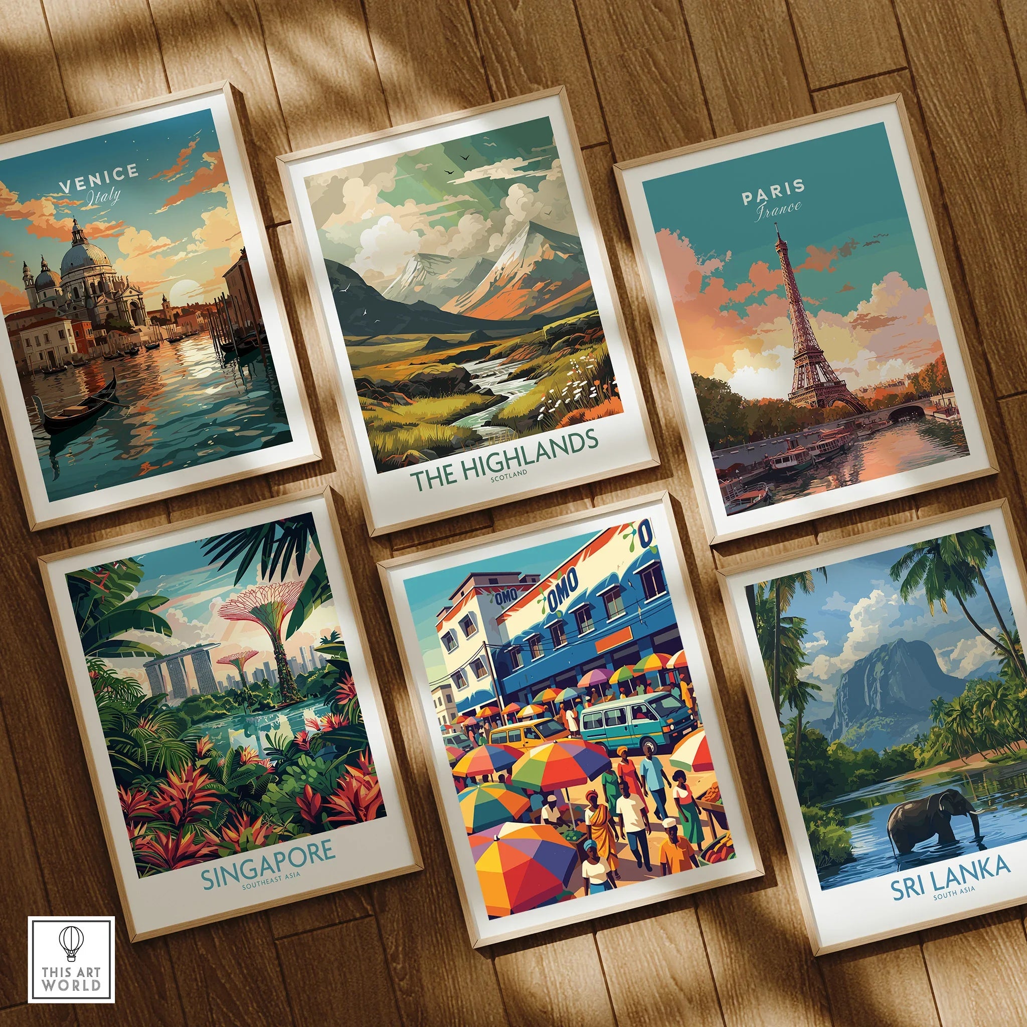 Kumasi Ghana Market Travel Poster — set six framed art prints wooden floor natural wood frames