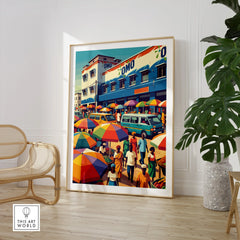 Kumasi Ghana Market Travel Poster — large framed print room setting chair plant