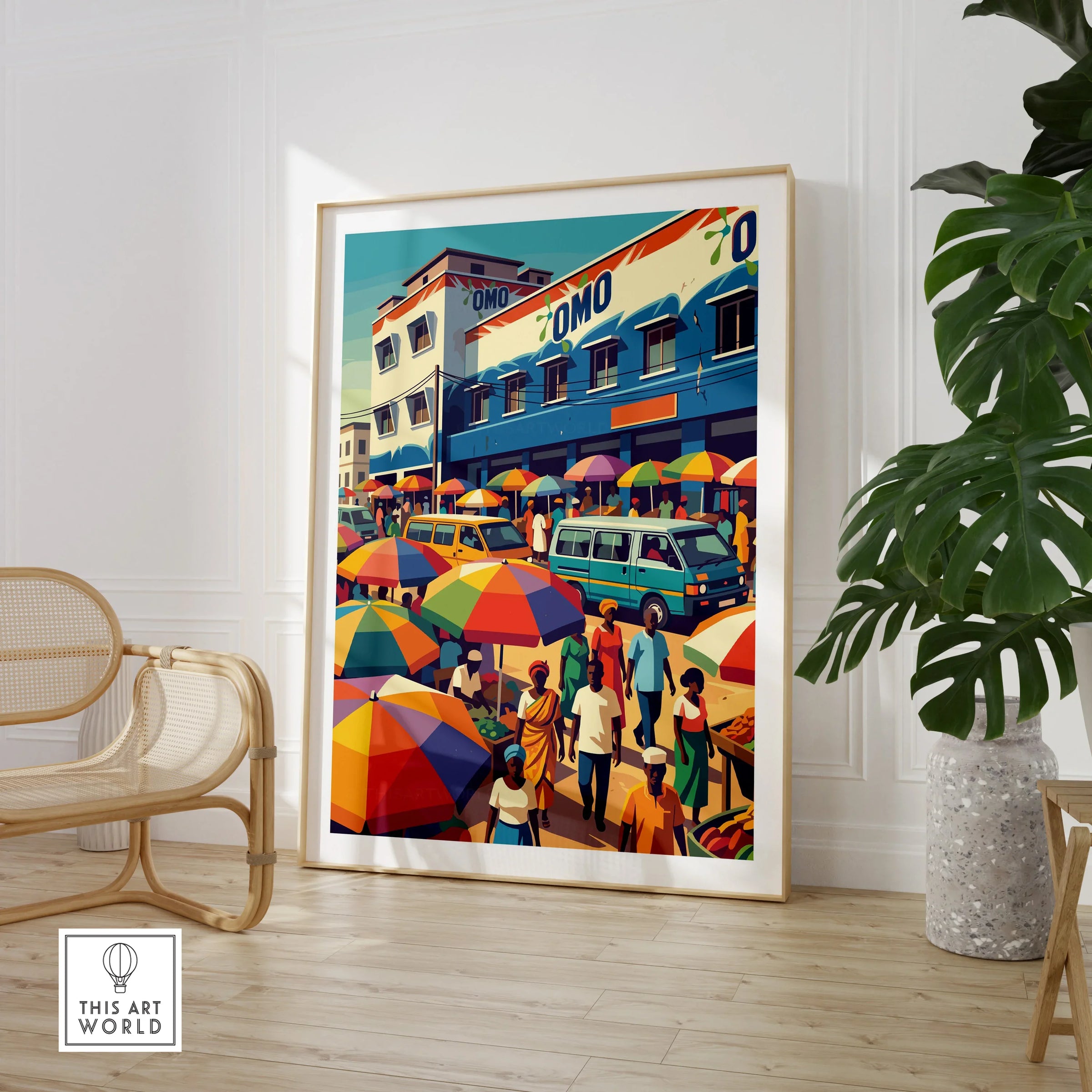 Kumasi Ghana Market Travel Poster — large framed print room setting chair plant