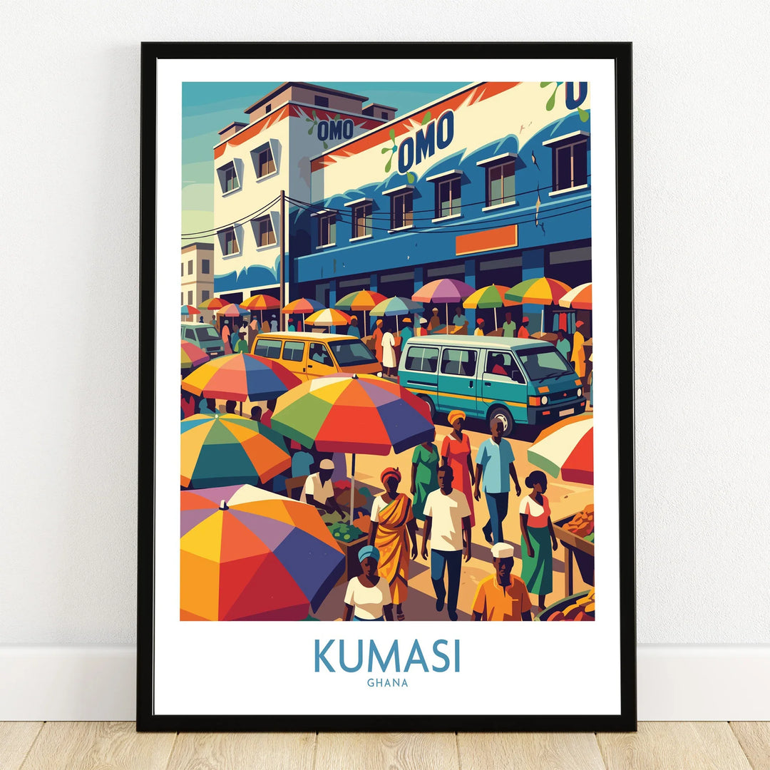 Kumasi Ghana Market Day Wall Art — art print in black frame on wooden floor