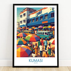 Kumasi Ghana Market Day Wall Art — art print in black frame on wooden floor