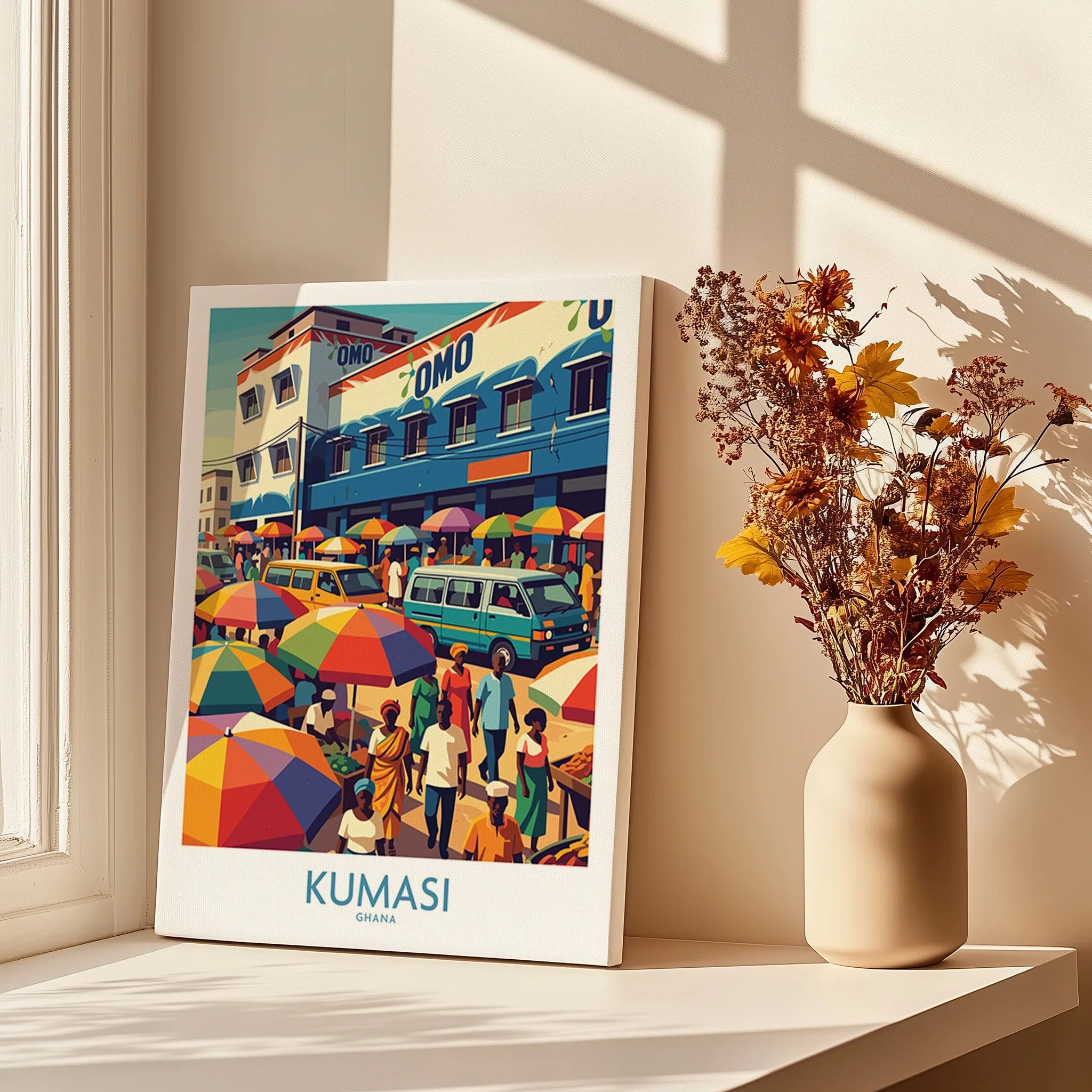 Kumasi Ghana Market Day Wall Art — canvas print window setting with shadows flowers