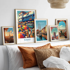 Kumasi Ghana Market Day Wall Art — set five framed artprints above bed natural wood frames
