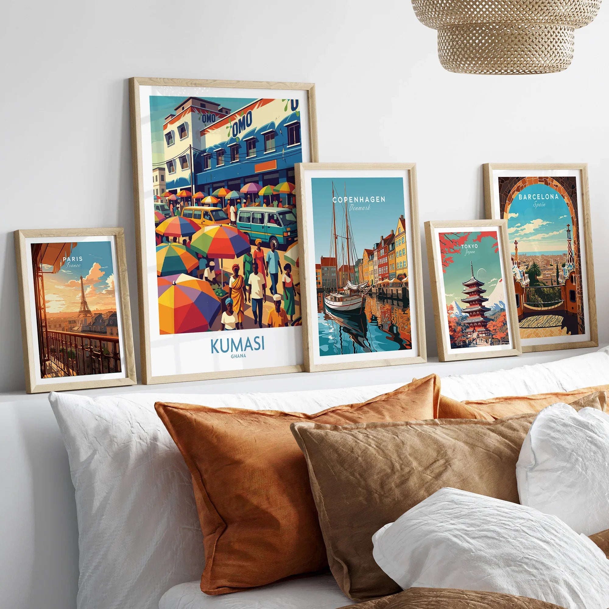 Kumasi Ghana Market Day Wall Art — set five framed artprints above bed natural wood frames